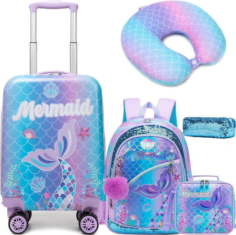 Inprof Cute Mermaid Kid’s Luggage Set 5 Piece Suitcase Set 16’’ Hardside Luggage with Spinner Wheels Girls Travel Rolling Luggage Carry on Luggage Airline Approved - Image 1